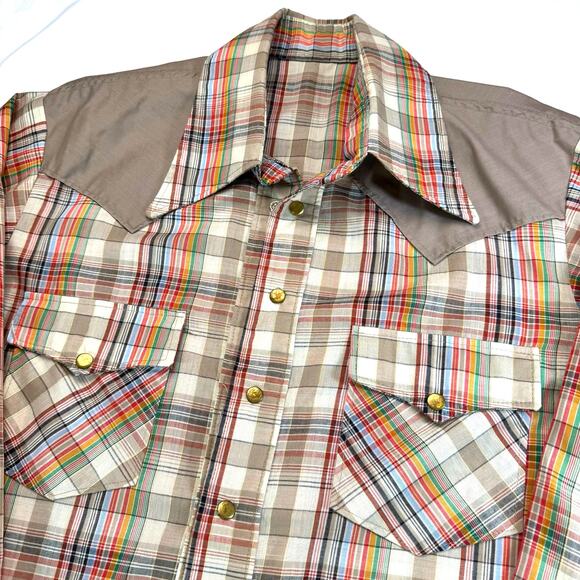 Vintage Rainbow Plaid Western Shirt Dagger Collar Gold Snaps L XL 70s - Picture 1 of 9